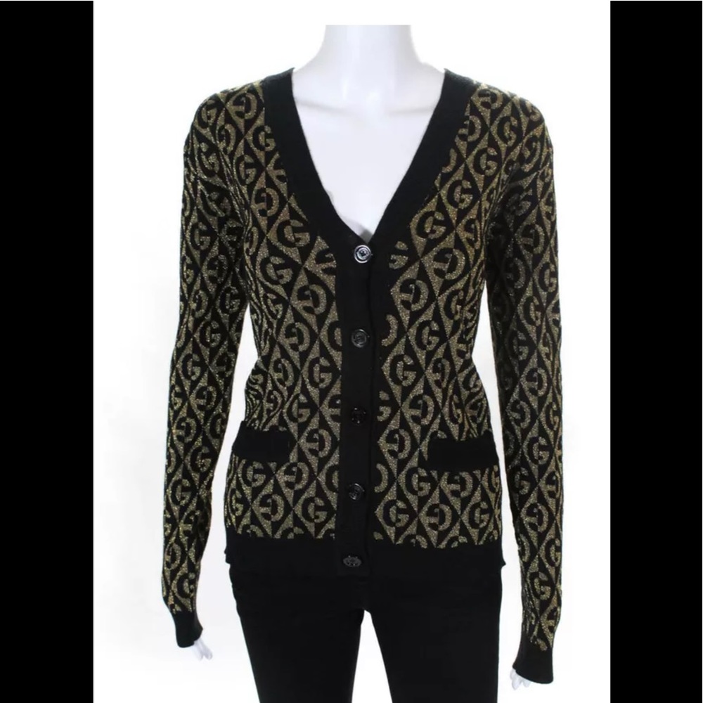 Authentic Gucci Metallic Monogram black gold cardigan sweater jacket xxs